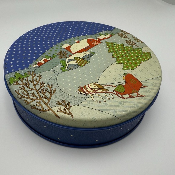4 Vtg Christmas Metal Cookie Candy Tins Round MCM Santa Bear Toy Winter Snow - Picture 7 of 14